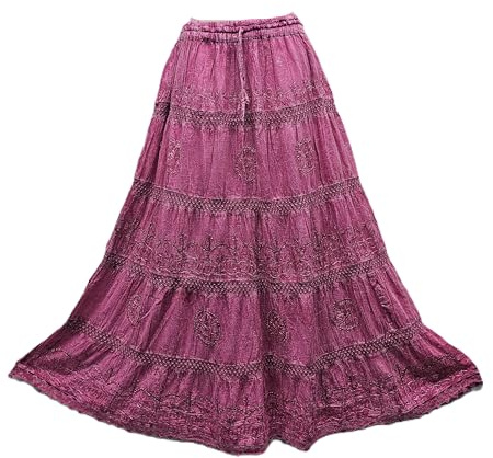 Doorwaytofashion Womens Cotton Maxi Skirt Bohemian Embroidered Fully Lined Adjustable Elasticated Waist Pink