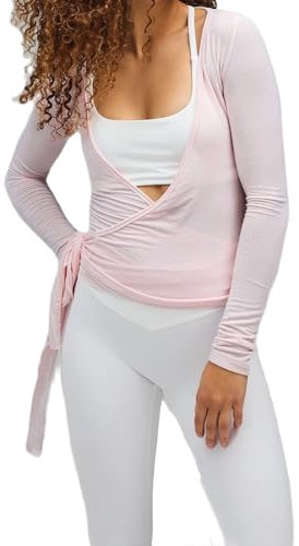 Geagodelia Langärmeliges Wickeloberteil für Damen, vorne zum Binden, eng anliegend, tiefer V-Ausschnitt, Cross-Wickel-Top, Workout, Pilates, Ballett, Yoga, Fitnessstudio, Sport, rose, 36