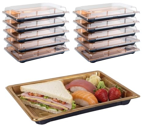 10 Pack Sandwich Platter Trays with Lids – Reusable Serving Tray with Lid, Small Plastic Catering Tray for Sweet Treat, Party Food, Mini Cake – Buffet Trays with Clear Lid (25.8 x 18.5 x 4.5 cm)