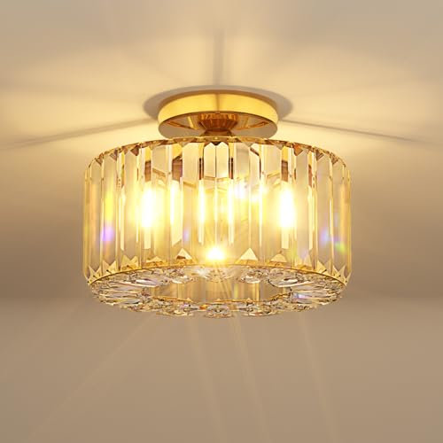 ANWIO Gold Crystal Ceiling Lights,Modern Semi Flush Mount Fittings Ceiling Lamp Fixture,Hallway Ceiling Lights,Dia 26.5cm Crystal Chandelier for Living Room Dining Room Kitchen Bathroom (E27 Base)