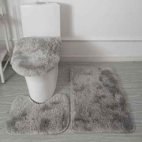 Generico Set di Tappeti da Bagno 3 Pezzi in Microfibra Morbida – Antiscivolo, Assorbente, Lavabile in Lavatrice, Tappetino Shaggy, Contorno WC e Copriasse (Grigio sfumato)