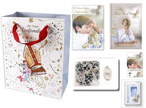 Confirmation Gift Set for Boy, Rosary Beads, Hard Back My Mass Book, Greetings Card, Prayer Card, Pocket Token, Badge in a Gift Bag. Complete Present for Child's Sacrement Male.