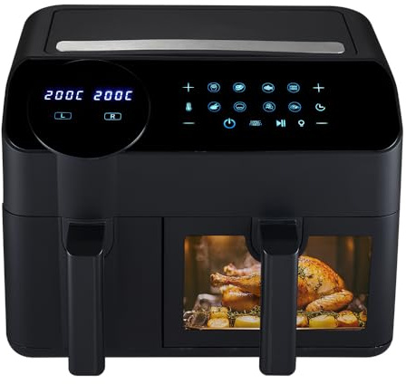KOMORE 9.5L Dual Zone AirFryer, 2 Drawers, 8-in-1 with Visual Window, 2400W Energy-Saving, Digital AirFryer with Touch Screen, Rapid Air Technology, Timing, Oil-Free, Non-Stick, Dishwasher Safe, Black