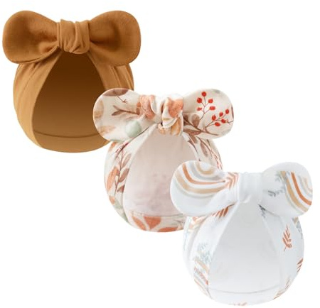 YIZITU 3 pièces Bonnet de bébé respirant en coton doux et confortable avec joli nœud - Bonnets pour nourrissons de 0 à 3 mois - Turban élastique avec nœud