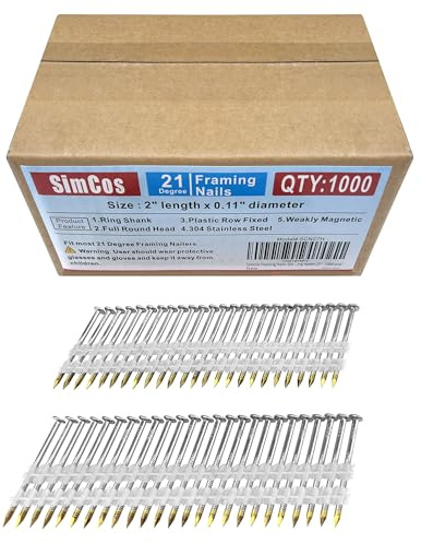 SimCos Framing Nails 304 Stainless Steel 21° Full Round Head Nail 21 Degree Ring 2” Shank Nail for Pneumatic, Electric 21 degree Framing Nailer (2 - 1000 pcs)
