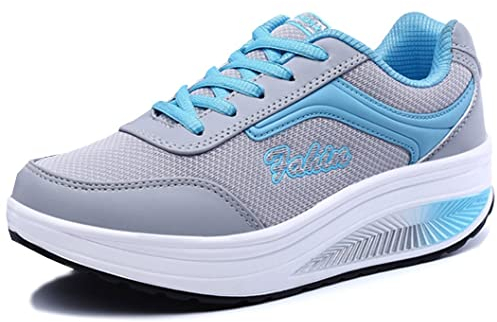 Solshine Damen Mesh Erhöhte Schnürer Plateau mit Keilabsatz Laufschuhe Sportschuhe, 38 EU, Farbe: Blau3