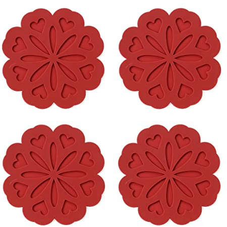 Set of 4 Silicone Trivet Mat - Hot Pot Holder Pads for Table & Countertop - Non-Slip & Heat Resistant Modern Kitchen Trivet for Dishes, Pots & Pans, Merlot Red