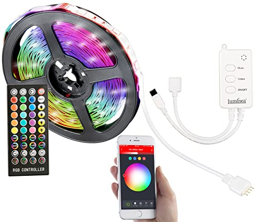 Luminea Home Control LED Band: WLAN-RGB-LED-Streifen mit Sound-Steuerung, App, Sprachsteuerung, 5 m (TV Hintergrundbeleuchtung, LEDstrip, Schrankbeleuchtung)
