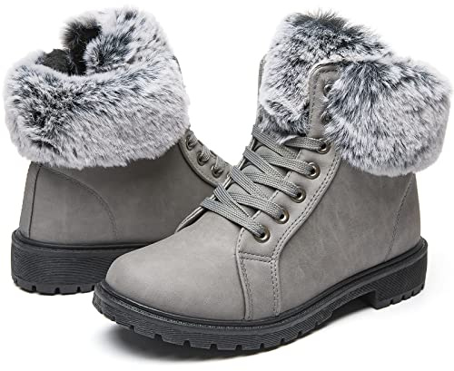 yegeyan womens snow boots PU winter ankle booties fur lined anti-slip combat boots(Dark Grey08)