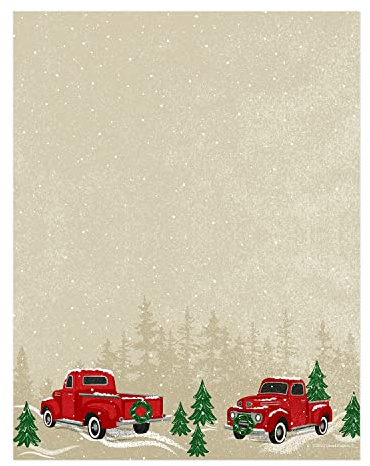 Rustic Vintage Trucks Holiday Letterhead / 50 Sheets / 8.5 x 11 Country Christmas Paper/Vintage Red Truck And Evergreens Decorative Stationery