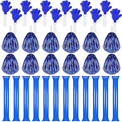 Sosation 36 Pcs Team Spirit Accessories Cheerleading Pom Poms Hand Clappers Party Favors and Thunder Sticks Noise Makers for Sporting Events Football Baseball Party Supplies(Blue Silver)