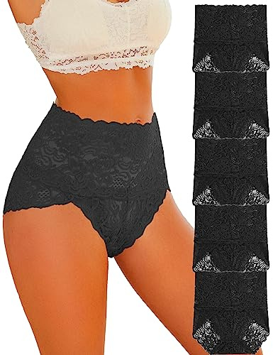 FINETOO 5 Lace Underwear, Women's High Waisted Briefs Set, High Waist Underpants, Sexy Hipster, Soft Briefs, Comfortable Underwear, Women, Seamless Lace, Multipack, S-XL