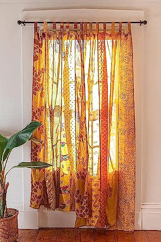 EthnicCraftHub Indian Silk Sari Boho Curtain, Boho Floral, Yellow, 84L x 44W, Grommet Top, Ripple Fold, Indoor, Bedroom, Living Room, Office