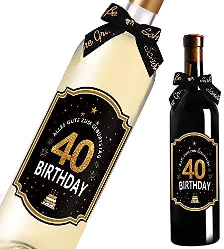 40. Geburtstag Flaschenetikett mit Schleife Schwarzes Gold Lack veredelt 8,5x10,5cm Happy Birthday 40 - Geburtstagsdeko Geburtstagsgeschenk Geschenke für Frauen Männer