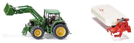 Siku 3652, John Deere Traktor mit Frontlader, 1:32, Metall/Kunststoff & 2456, Kuhn Heckmähwerk, 1:32, Metall/Kunststoff, Weiß/Rot, Kompatibel Standard-Heckkupplung