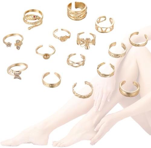 VURYAPI 15 Pièces Bague de Pied Femme en Acier Inoxydable - Bague Orteil et Phalange (Or)