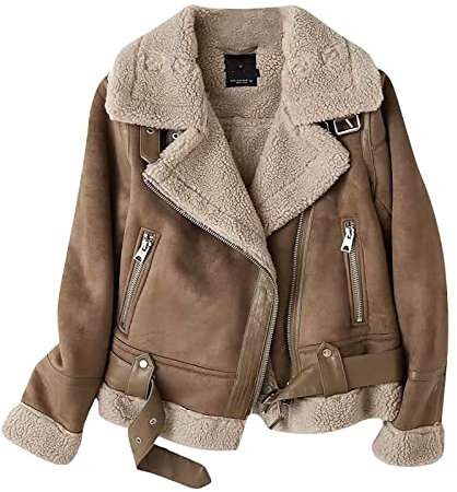 ZRYAZQ Jacke Damen Wildleder Kurz Winterjacke Damen Warm Gefüttert Teddyjacke Damen Winter Revers Bikerjacke Vintage Dicke Wintermantel Elegant Thermo Jacken Fellkragen Mantel Reißverschlußtaschen