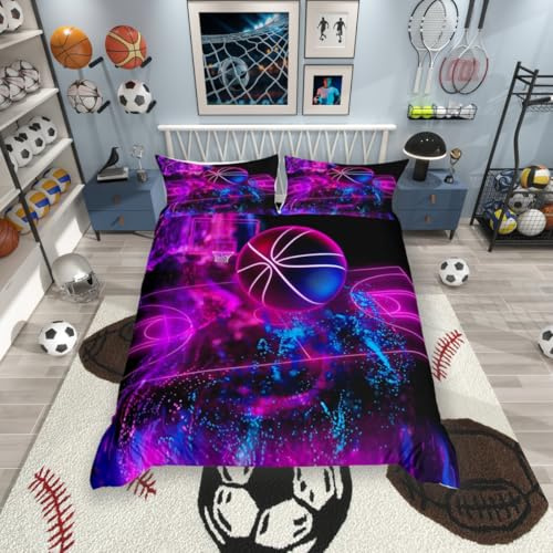 Housse de couette pour lit double violet, housse de couette avec technologie ballon de sport pour adultes et enfants, décoration de chambre à coucher, lignes de fond aquarelle, 2 taies d'oreiller,