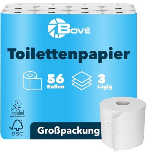 BOVE Toilettenpapier 3-Lagig - 56 Rollen, 125 Blatt pro Rolle - Weiß, 100% Zellstoff, Dezent Gemustert – Extra Weich & Reißfestes Klopapier - FSC- und Ecolabel-Zertifiziert