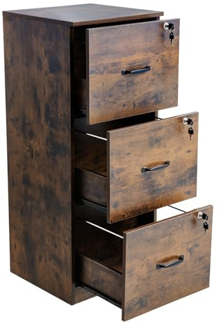 VEVOR Classeur Vertical à 3 tiroirs avec Serrure, Caisson de Bureau Robuste avec Tige de Suspension réglable à 2 Niveaux, Rangement Document pour dossiers A4/Lettre/Légal, Montage Facile, Noir+Marron