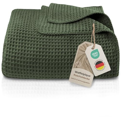 LAYNENBURG Premium Waffelpique Baumwolldecke 220x240 cm - Oeko-TEX 100 - Baumwollmix Kuscheldecke - Decke als Wohndecke, Sofa-Decke & Couchdecke - Wolldecke kuschelig-warm aus Baumwolle (dunkelgrün)