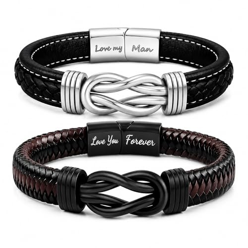 2 Pack Mens Leather Bracelets, To My Man Infinity Knot Gift, Magnetic Clasp