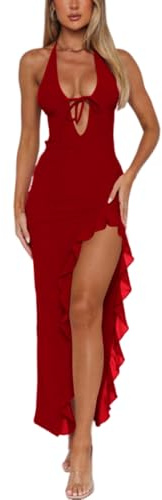 AOWVUTS Abito Lungo Sexy Donna Maxi Abito Senza Maniche Scollo a V Vestito Elegante Senza Schienale con Orlo a Volant Vestito da Sera Bodycon con Spacco per Discoteca Cerimonia Cocktail Festa