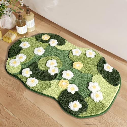 PTAEXCEL Cute Bath Mat, Moss Rug Soft Green Bathroom Rug, Non Slip Bath Mat Super Absorbent, Floral Nature Bathtub Mat Washable for Shower Bathroom Floor (Full Bloom, 32 x 20)