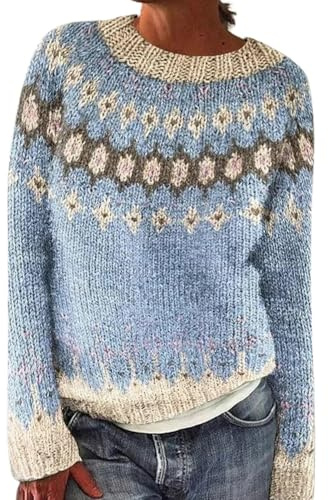 Abbigliamento Etnico Donna Maglione Invernale Vintage Knitted Righe Pullover Casual Spessa Tunica Top a Maniche Lunghe Leggero Girocollo Tops Jumper Per Autunno Inverno Bluse Donna Autunno Felpa