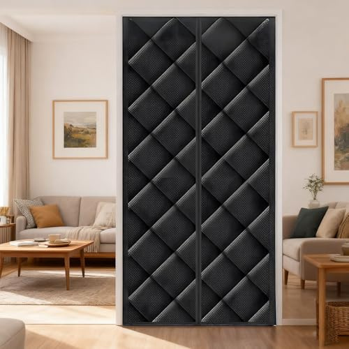 Rideau de Porte Isolant Thermique, Double Couche Anti-Froid et Chaleur - Isolation Phonique D'écran - Coton Magnétique Auto-Adhésif - 70-260cm - Pour Porte D'Entrée, Balcon(Black,90x200cm)