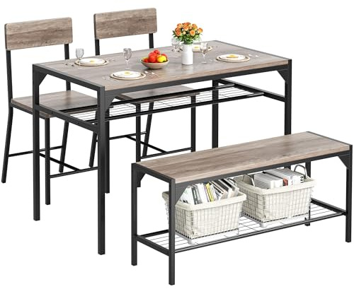 Shintenchi Kitchen Table Chairs Set of 4, Dining Table Set for 4 with Bench and Chairs, 4 Pieces Kitchen Table Set with Storage Rack & Metal Frame for Small Space, Gray