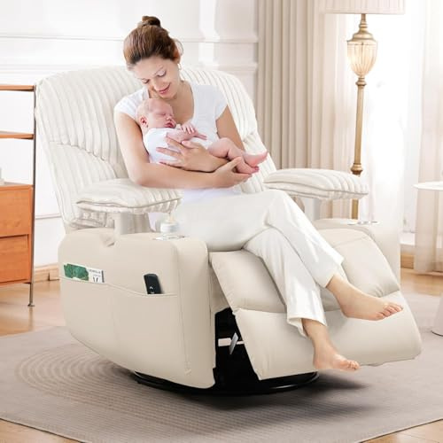 GRAINELL Nursery Rocking Chairs Electric Recliner with Adjustable Armrests | with USB Charger & Cup Holders, Swivel Glider Recliner for Breastfeeding for Nursery Bedroom, Beige Corduroy & PU Leather