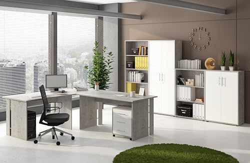 Bricozone Set Ufficio Moderno Completo In Cemento E Bianco Frassinato Con Scrivania Angolare Cassettiera Libreria E Armadi In Melaminico Antigraffio Arredo Professionale Per Home Office E Studi