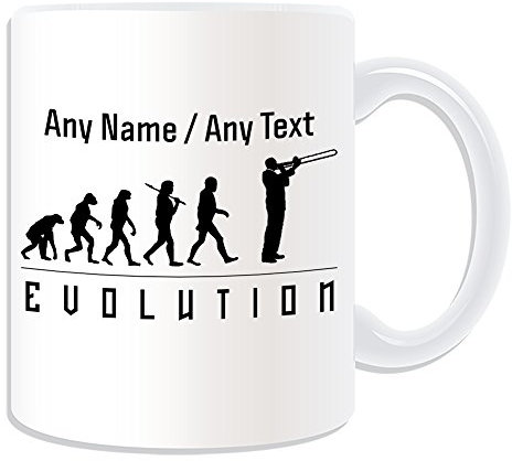 Personalisierbares Geschenk – Posaune Tasse (Evolution Design, weiß) jeder Name Nachricht einzigartig – Spieler Umriss Event Hobby Klassische Musik Musiker Tromba Trompete Symphonie Orchestra Band