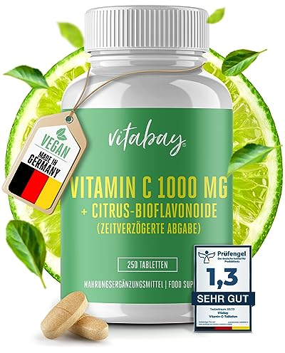 Vitabay Vitamin C 1000 mg – 250 vegane Time Released Tabletten mit zeitverzögerter Abgabe – Mit Citrus Bioflavonoiden – Schonend formuliertes Vitamin C – Laborgeprüft in Deutschland hergestellt.