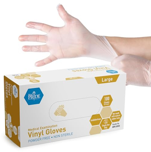 MED PRIDE Disposable Medical Grade Vinyl Exam Gloves, Latex & Powder Free, Ultra-Strong, for Healthcare & Food Handling (Large (Pack of 100) 100 Clear)