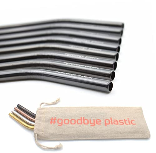 GERNEO® - Labor geprüft - Strohhalm wiederverwendbar 304er Edelstahl - 8er Set + Reinigungsbürste + ToGo Bag - Rückgaberecht, kindergeeignet, umweltfreundlich & plastikfrei (Schwarz-Gebogen-8mm)