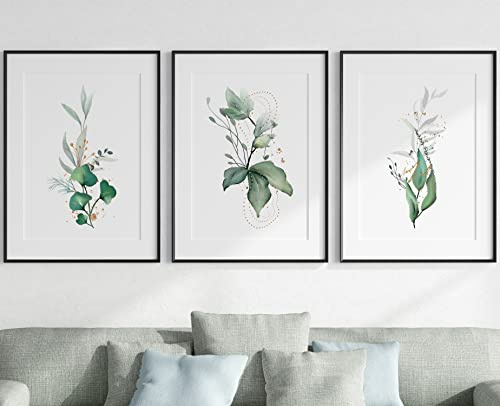 Eviepops Prints Arte De Pared Con Plantas De Eucalipto, Set de 3 Láminas Sin Marco, Arte de pared de estilo botánico, Decoración De Plantas Tropicales, Decoración abstracta, Verde Oro (A3)