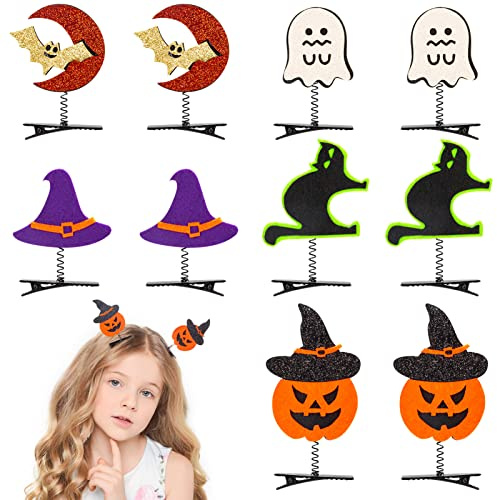 MELLIEX 10 Pezzi Fermagli per Capelli Halloween per Bambini Accessori per Capelli Zucca Pipistrello Fantasma con Brillantini per Halloween Cosplay Feste