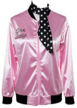Seaehey Chaqueta de satén rosa para damas de los años 50 con bufandas para el cuello, chaqueta bomber de satén de los años 60 y 70, chaqueta vintage universitaria de béisbol con cremallera, abrigo Hip