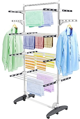 Todeco Wäscheständer Turm Klappbar, Wäscheturm 4 Ebenen aus Edelstahlrohre, Turmtrockner mit 6X Rollen, obere Leiste, Flügel, Mobiler Turmwäscheständer für Balkon Wäscheraum Badezimmer, Grau