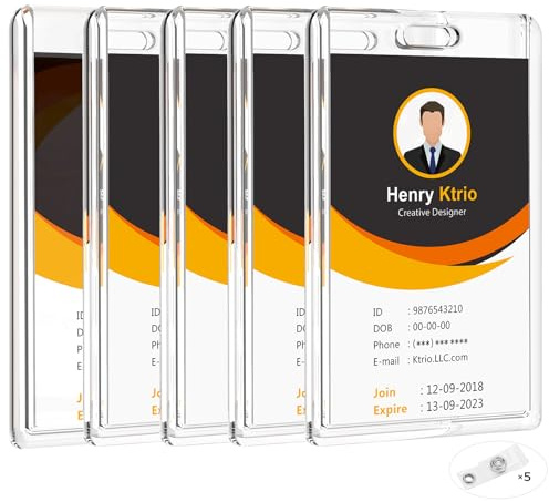 KTRIO 5 Pack Heavy Duty 2-Card Badge Holder, Clear Acrylic ID Card Holder with Easy Access Thumb Hole for Student, Nurse and Office, Vertical