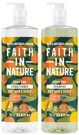 Faith In Nature 2 x 1L Natural Grapefruit & Orange Shampoo and Conditioner Set, Invigorating, Vegan & Cruelty Free, No SLS or Parabens, For Normal to Oily Hair