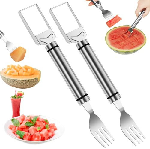 OSDUE 2 in 1 Forchette da tavola, 2Pezzi Taglia Anguria a Cubetti in Acciaio Inox, 24cm, Set di Posate Forchette da Dessert Insalata e Frutta, per La Casa Cucina Ristorante