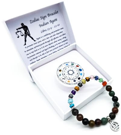 AB Viking Crafts Sternzeichen Edelstein Armband in Geschenkbox | Schutz Glück Liebe Energie (Waage Indischer Achat, 18 cm)