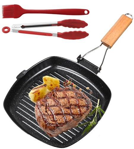 PRITOK Padella per barbecue a induzione, ondulata, in ghisa: 24 x 24 cm, a induzione con manico pieghevole in legno, padella in ghisa rettangolare antiaderente, padella per bistecca tutti i piani