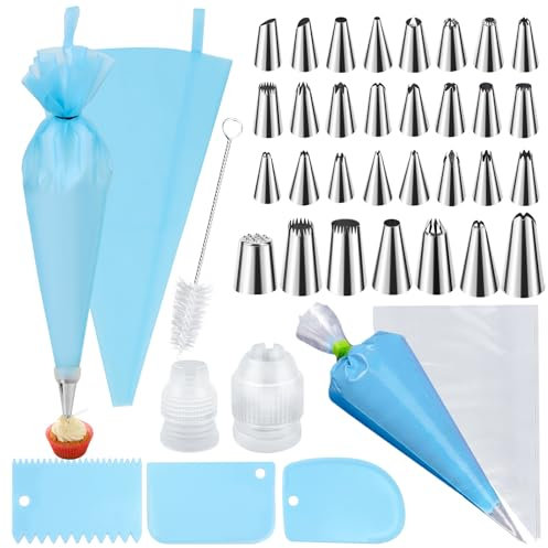 Spritzbeutel mit Tüllen Set 48-teilig, 31 Spritztüllen, 10 Spritzbeutel Einweg und 1 Wiederverwendbar, 3 Schaber, 2 Adapter, Spritztüllen Set für Cupcakes Kuchen Cookies Gebäck Decoration