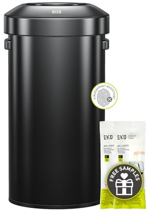 EKO Urban 24 Gallon Round Black Stainless Steel Open Top Waste Bin, Tall Commercial Trash Can for Indoor/Outdoor, Extra Large Metal Garbage Bin for Office, Restaurant, Restroom, 90L