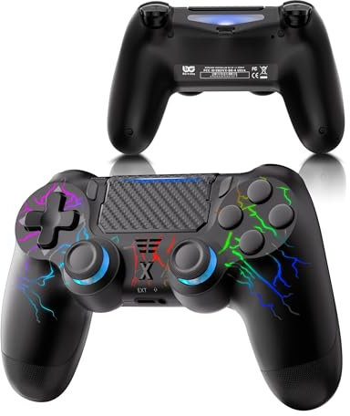 RUIZHI Manette pour P-S4 RGB LED - Contrôleur Sans Fil pour Playstation-4 compatible avec P-S4/Pro/Slim/PC, Double Vibration, 6 Axes, 1000mAh Batterie, Câble USB-C [1 Pack, Noir]