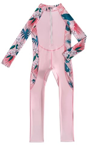 IMEKIS One Piece Swimsuit for Kid Girls Long Sleeve Floral Print Zipper Swimwear UPF 50+ Rash Guard Modest Full Body Surfing Swimming Suit for Water Sports Pink 9-10 Years